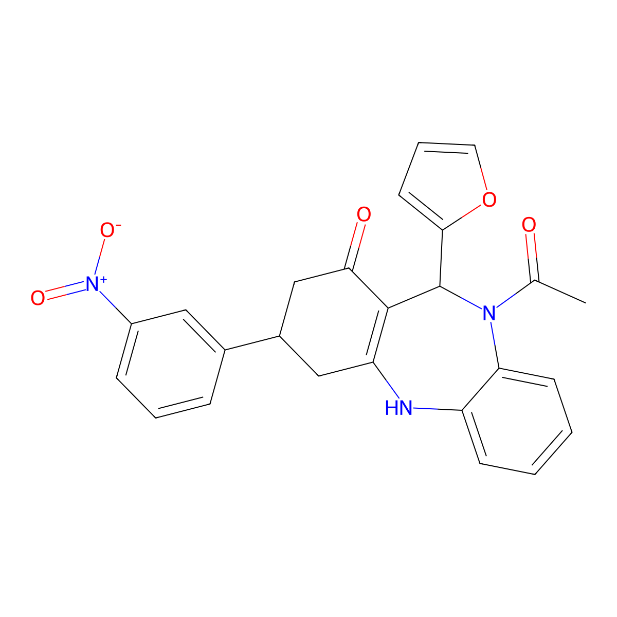 5-acetyl-6-(furan-2-yl)-9-(3-nitrophenyl)-8,9,10,11-tetrahydro-6H-benzo[b][1,4]benzodiazepin-7-one molecular structure, CAS 372508-36-6