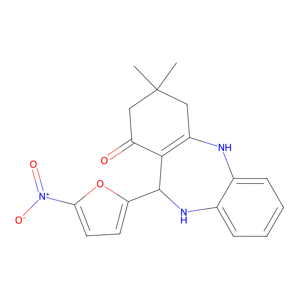 9,9-dimethyl-6-(5-nitrofuran-2-yl)-6,8,10,11-tetrahydro-5H-benzo[b][1,4]benzodiazepin-7-one molecular structure, CAS 372508-69-5