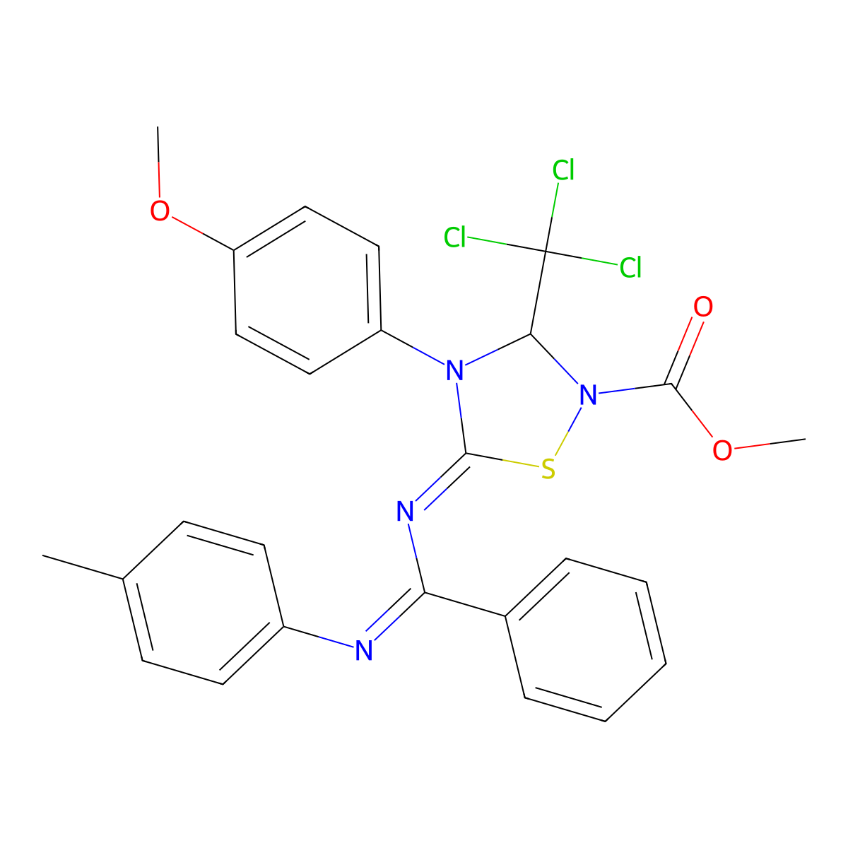 methyl 4-(4-methoxyphenyl)-5-[N-(4-methylphenyl)-C-phenylcarbonimidoyl]imino-3-(trichloromethyl)-1,2,4-thiadiazolidine-2-carboxylate molecular structure, CAS 372520-97-3