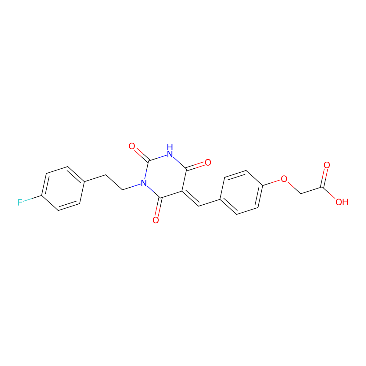 2-[4-[[1-[2-(4-Fluorophenyl)ethyl]tetrahydro-2,4,6-trioxo-5(2H)-pyrimidinylidene]methyl]phenoxy]acetic acid molecular structure, CAS 372970-22-4