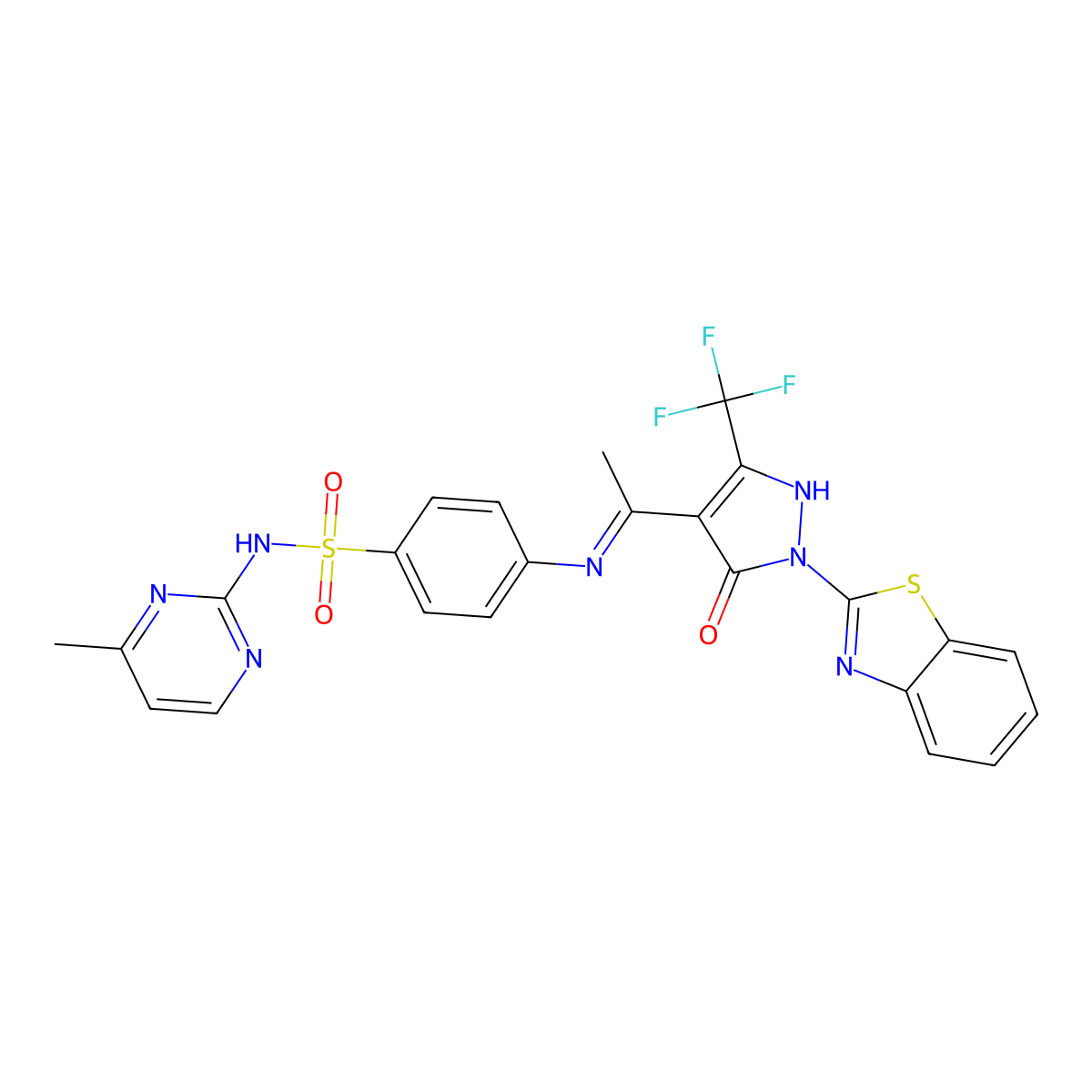 4-[[(1E)-1-[1-(1,3-benzothiazol-2-yl)-5-oxo-3-(trifluoromethyl)pyrazol-4-ylidene]ethyl]amino]-N-(4-methylpyrimidin-2-yl)benzenesulfonamide molecular structure, CAS 372970-48-4