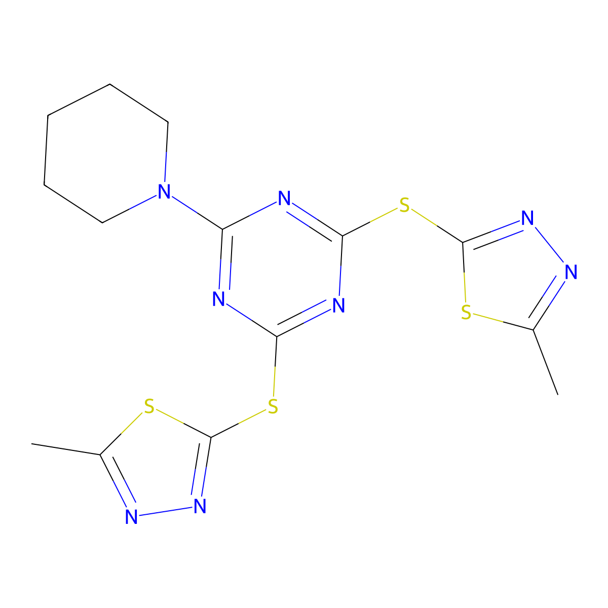 2-Methyl-5-[[4-[(5-methyl-1,3,4-thiadiazol-2-yl)sulfanyl]-6-piperidin-1-yl-1,3,5-triazin-2-yl]sulfanyl]-1,3,4-thiadiazole molecular structure, CAS 372970-53-1