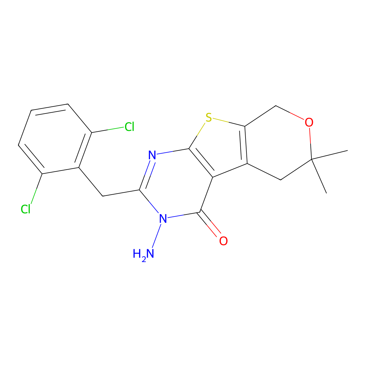 3-Amino-2-[(2,6-dichlorophenyl)methyl]-6,6-dimethyl-5,8-dihydropyrano[2,3]thieno[2,4-d]pyrimidin-4-one molecular structure, CAS 372971-91-0