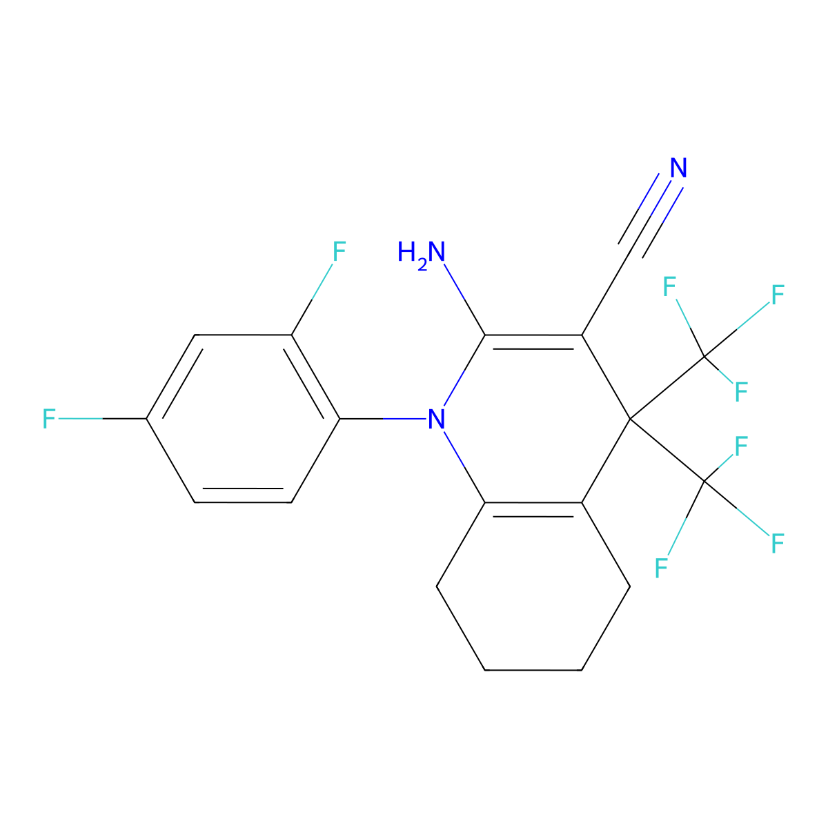 2-Amino-1-(2,4-difluorophenyl)-4,4-bis(trifluoromethyl)-1,4,5,6,7,8-hexahydroquinoline-3-carbonitrile molecular structure, CAS 372972-52-6
