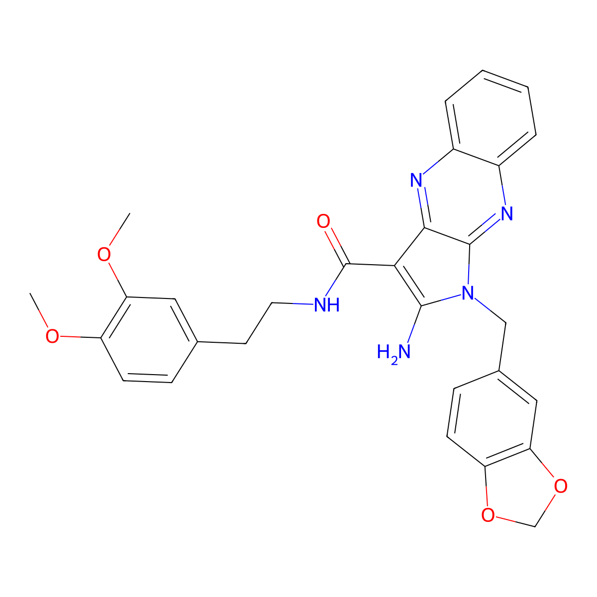 2-amino-1-(1,3-benzodioxol-5-ylmethyl)-N-[2-(3,4-dimethoxyphenyl)ethyl]-1H-pyrrolo[2,3-b]quinoxaline-3-carboxamide molecular structure, CAS 372972-76-4