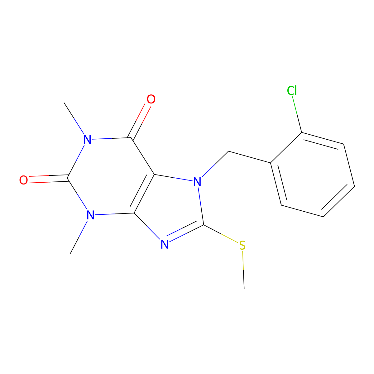 7-(2-chlorobenzyl)-1,3-dimethyl-8-(methylsulfanyl)-3,7-dihydro-1H-purine-2,6-dione molecular structure, CAS 372972-97-9