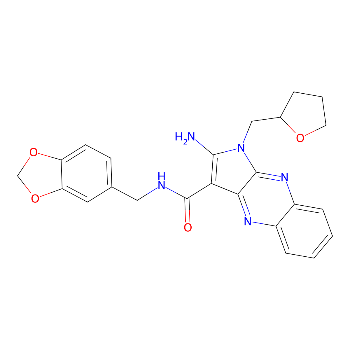 2-amino-N-(1,3-benzodioxol-5-ylmethyl)-1-(tetrahydrofuran-2-ylmethyl)-1H-pyrrolo[2,3-b]quinoxaline-3-carboxamide molecular structure, CAS 372974-95-3