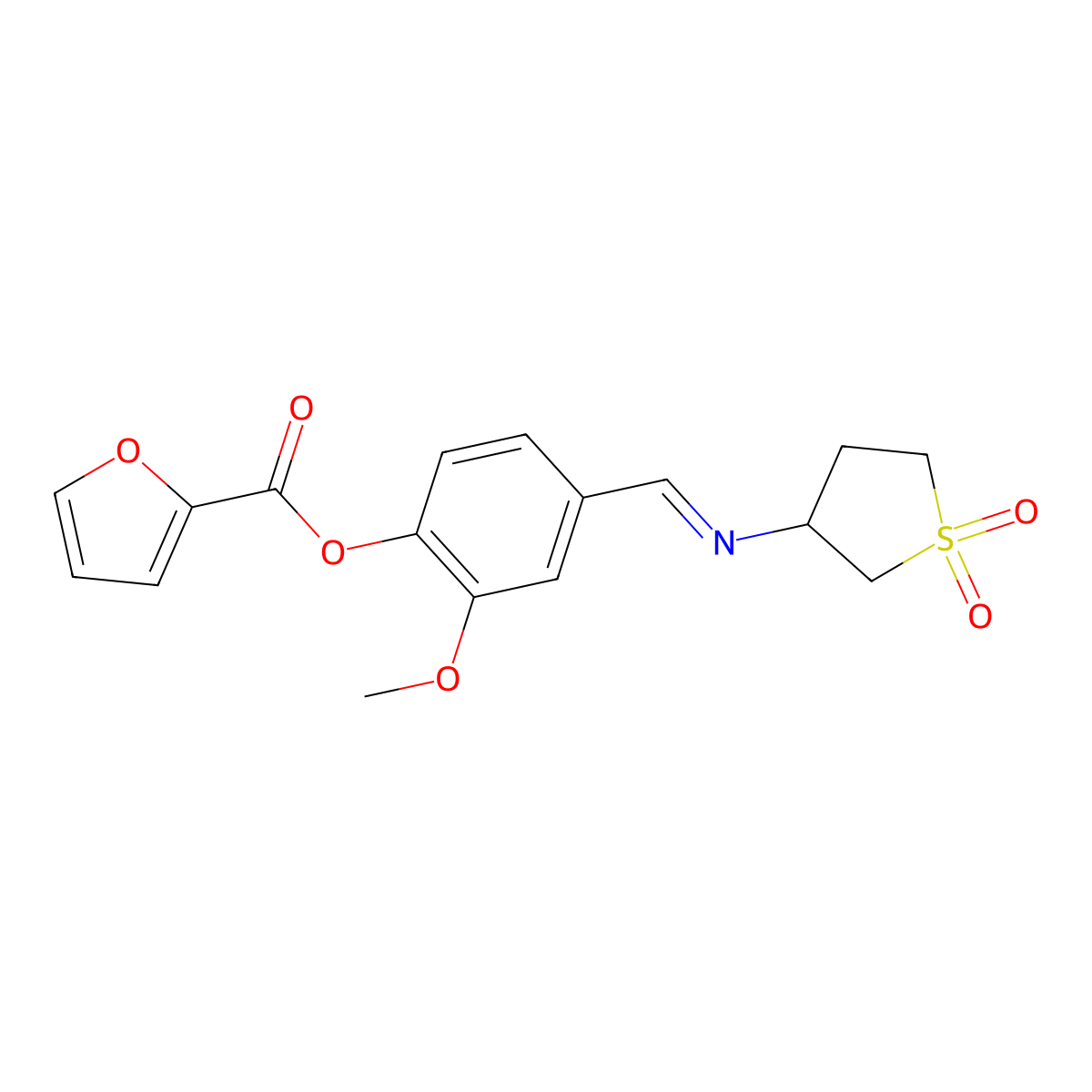 4-{(E)-[(1,1-dioxidotetrahydrothiophen-3-yl)imino]methyl}-2-methoxyphenyl furan-2-carboxylate molecular structure, CAS 372975-94-5