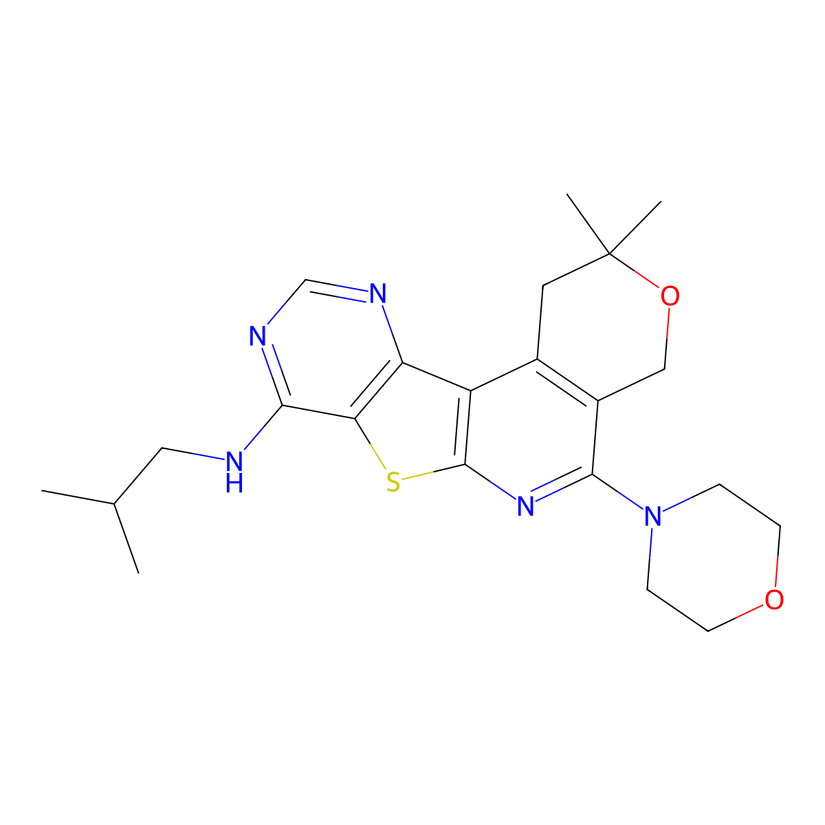 (2,2-Dimethyl-5-morpholin-4-yl-1,4-dihydro-2H-3-oxa-7-thia-6,9,11-triaza-benzo[c]fluoren-8-yl)-isobutyl-amine molecular structure, CAS 372976-14-2