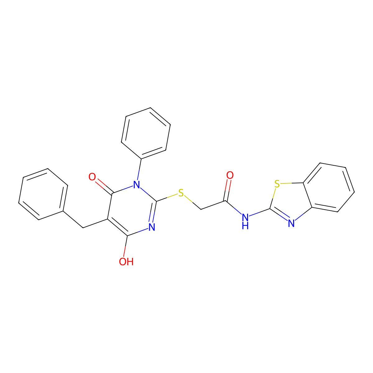 N-(benzo[d]thiazol-2-yl)-2-((5-benzyl-4-hydroxy-6-oxo-1-phenyl-1,6-dihydropyrimidin-2-yl)thio)acetamide molecular structure, CAS 372979-27-6