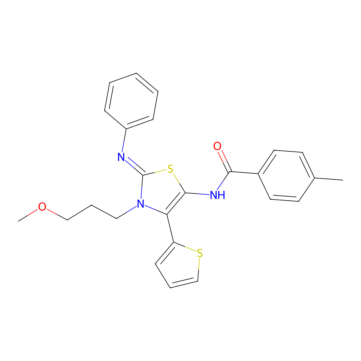 N-[(2E)-3-(3-methoxypropyl)-2-(phenylimino)-4-(thiophen-2-yl)-2,3-dihydro-1,3-thiazol-5-yl]-4-methylbenzamide molecular structure, CAS 373368-03-7