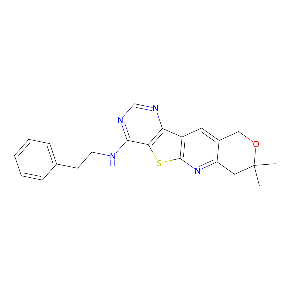 8,8-dimethyl-N-phenethyl-8,10-dihydro-7H-pyrano[3'',4'':5',6']pyrido[3',2':4,5]thieno[3,2-d]pyrimidin-4-amine molecular structure, CAS 373368-53-7