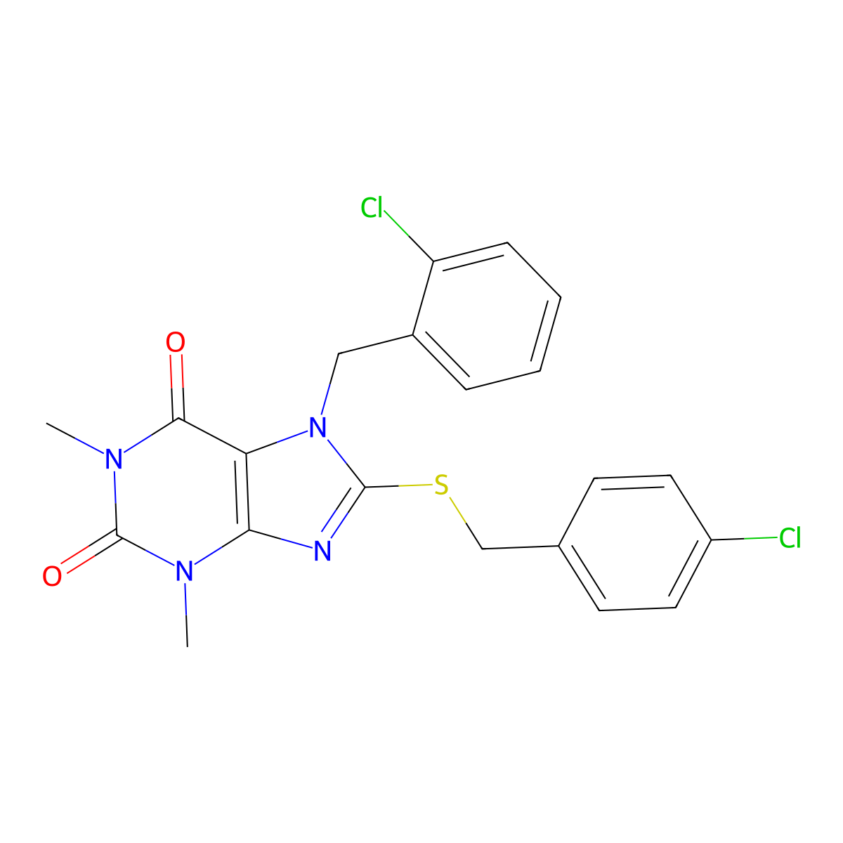7-[(2-chlorophenyl)methyl]-8-{[(4-chlorophenyl)methyl]sulfanyl}-1,3-dimethyl-2,3,6,7-tetrahydro-1H-purine-2,6-dione molecular structure, CAS 373368-73-1
