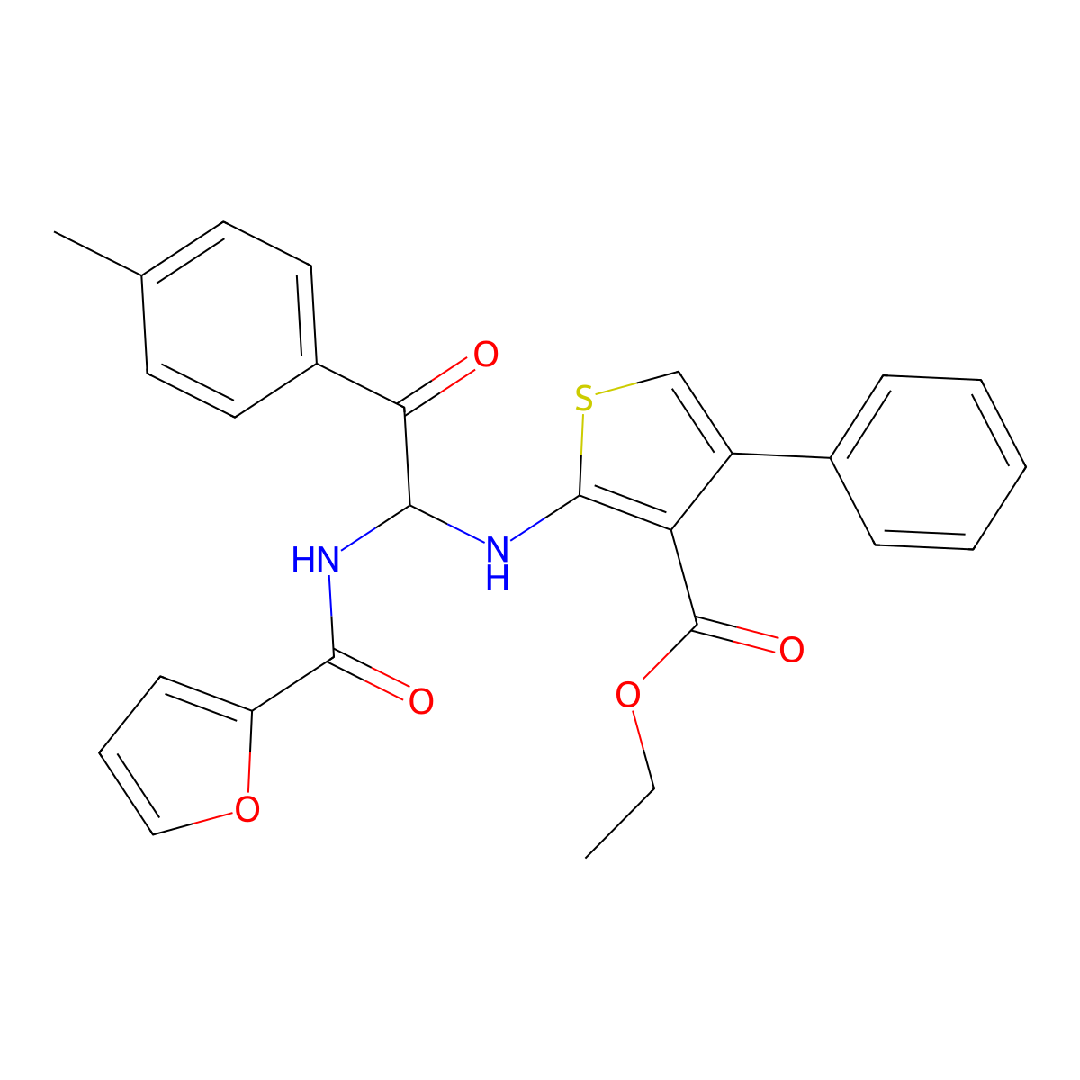 Ethyl 2-[[1-[(2-furanylcarbonyl)amino]-2-(4-methylphenyl)-2-oxoethyl]amino]-4-phenyl-3-thiophenecarboxylate molecular structure, CAS 373368-99-1