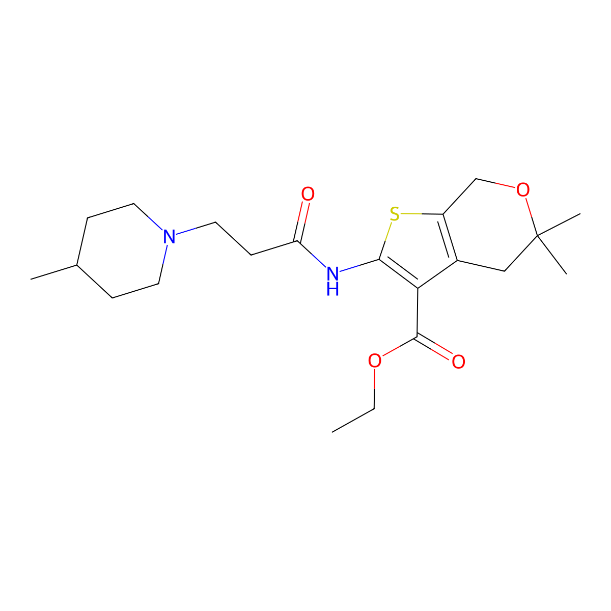 ethyl 5,5-dimethyl-2-[3-(4-methylpiperidin-1-yl)propanamido]-4H,5H,7H-thieno[2,3-c]pyran-3-carboxylate molecular structure, CAS 373369-42-7
