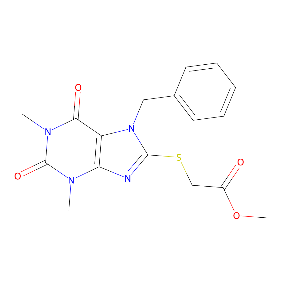 Methyl 2-(7-benzyl-1,3-dimethyl-2,6-dioxopurin-8-yl)sulfanylacetate molecular structure, CAS 373369-45-0