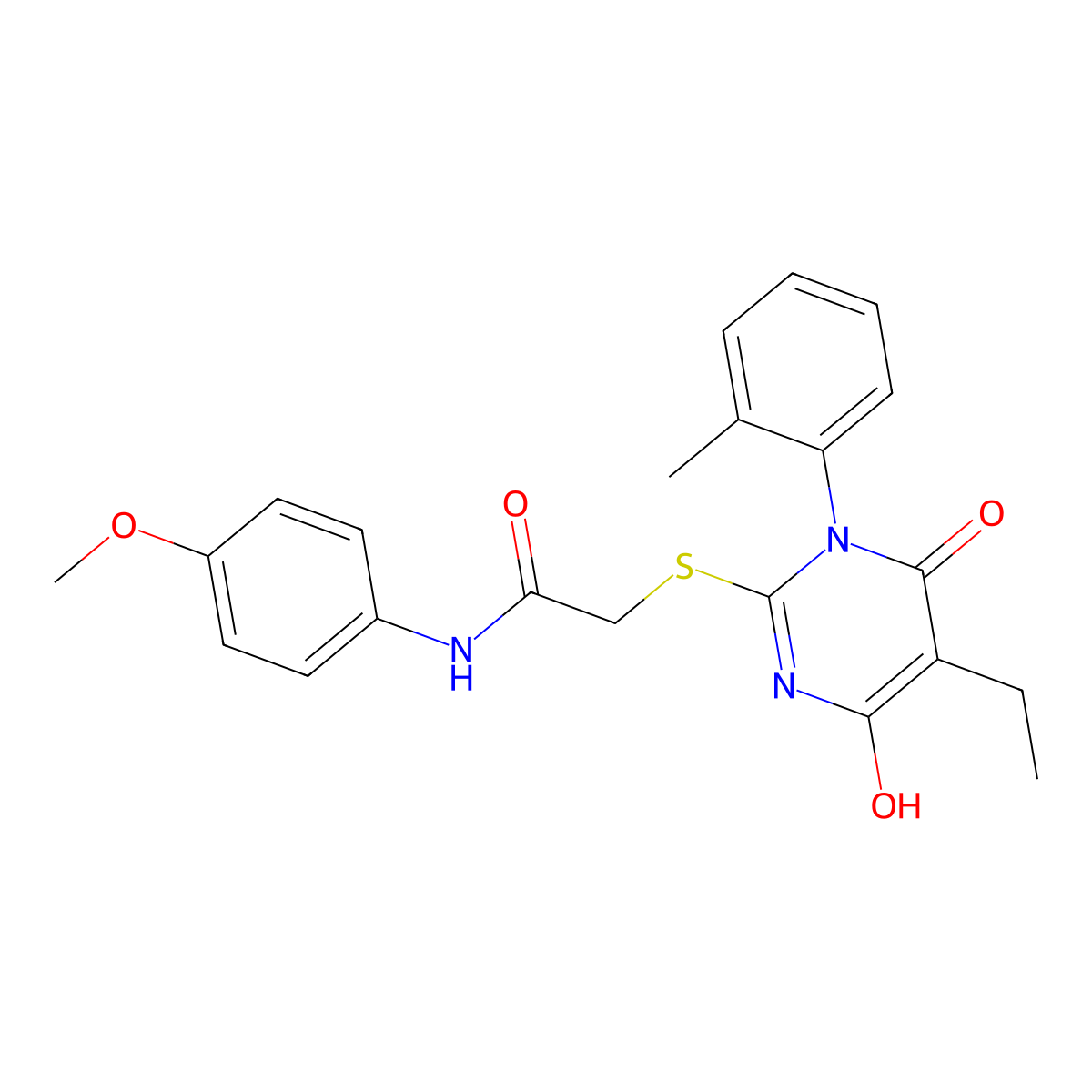 2-((5-ethyl-4-hydroxy-6-oxo-1-(o-tolyl)-1,6-dihydropyrimidin-2-yl)thio)-N-(4-methoxyphenyl)acetamide molecular structure, CAS 373370-01-5
