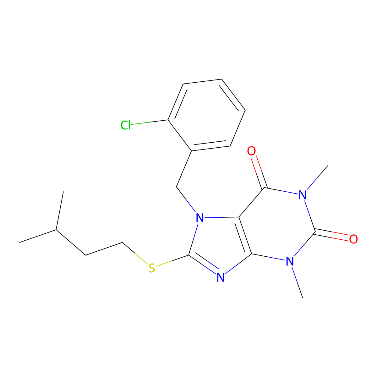7-[(2-chlorophenyl)methyl]-1,3-dimethyl-8-[(3-methylbutyl)sulfanyl]-2,3,6,7-tetrahydro-1H-purine-2,6-dione molecular structure, CAS 373372-35-1