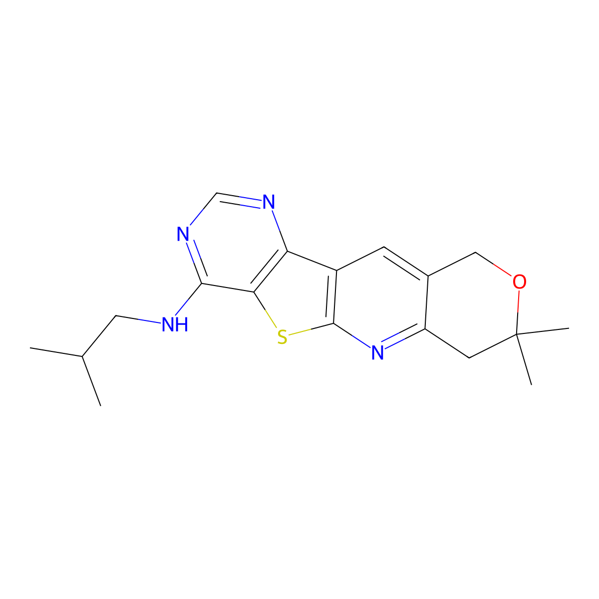 N-isobutyl-8,8-dimethyl-8,10-dihydro-7H-pyrano[3'',4'':5',6']pyrido[3',2':4,5]thieno[3,2-d]pyrimidin-4-amine molecular structure, CAS 373375-14-5