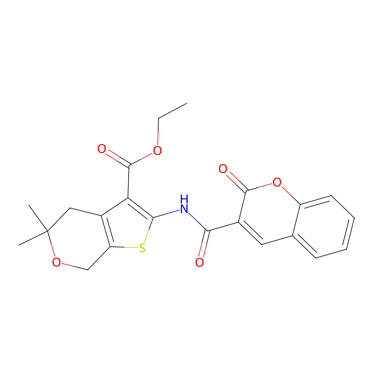 Ethyl 5,5-dimethyl-2-[(2-oxochromene-3-carbonyl)amino]-4,7-dihydrothieno[2,3-c]pyran-3-carboxylate molecular structure, CAS 373375-67-8