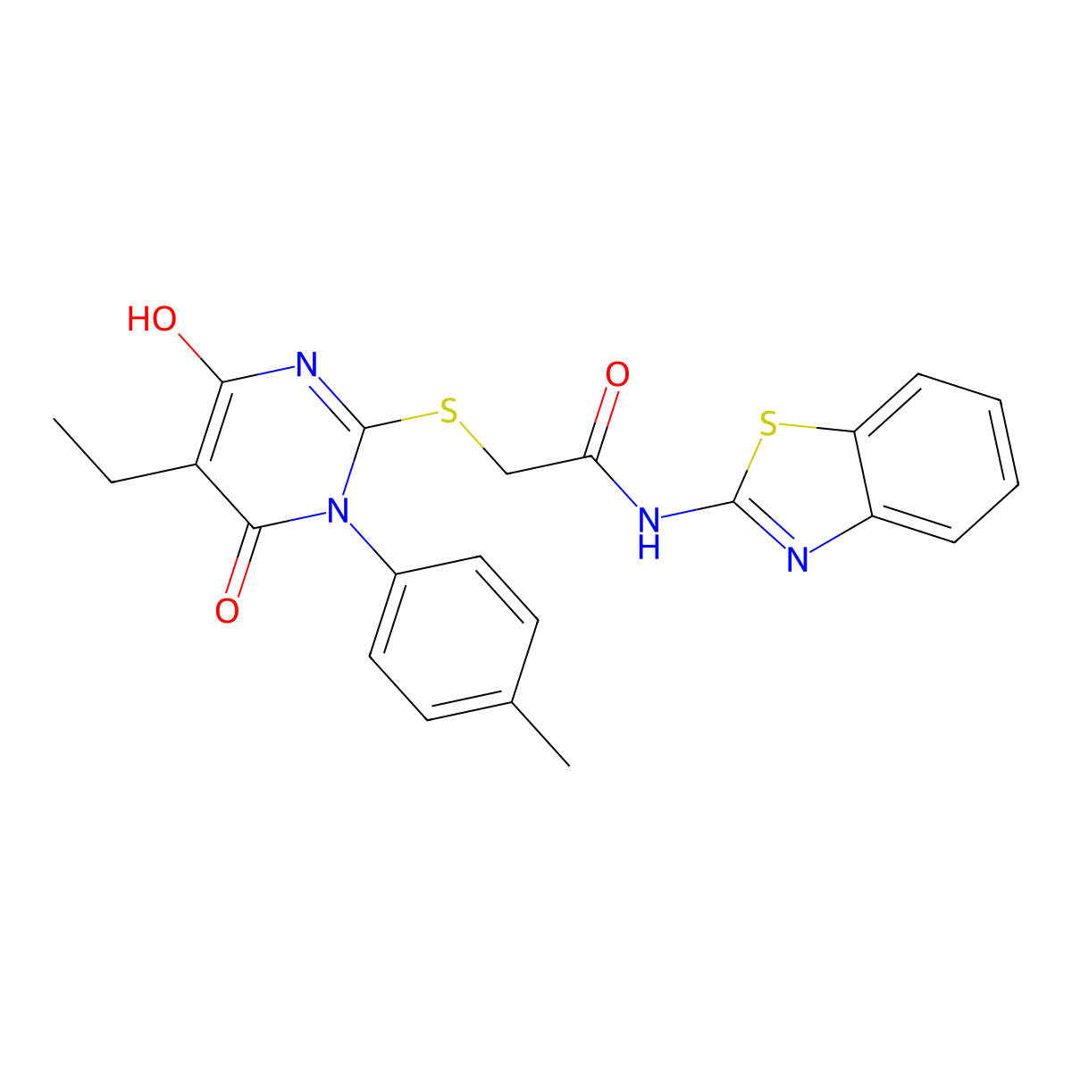 N-Benzothiazol-2-yl-2-(5-ethyl-4-hydroxy-6-oxo-1-p-tolyl-1,6-dihydro-pyrimidin-2-ylsulfanyl)-acetamide molecular structure, CAS 373375-72-5