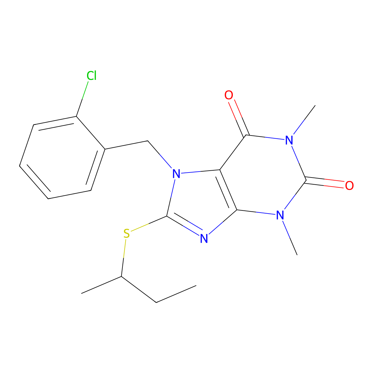 8-(butan-2-ylsulfanyl)-7-[(2-chlorophenyl)methyl]-1,3-dimethyl-2,3,6,7-tetrahydro-1H-purine-2,6-dione molecular structure, CAS 373375-79-2
