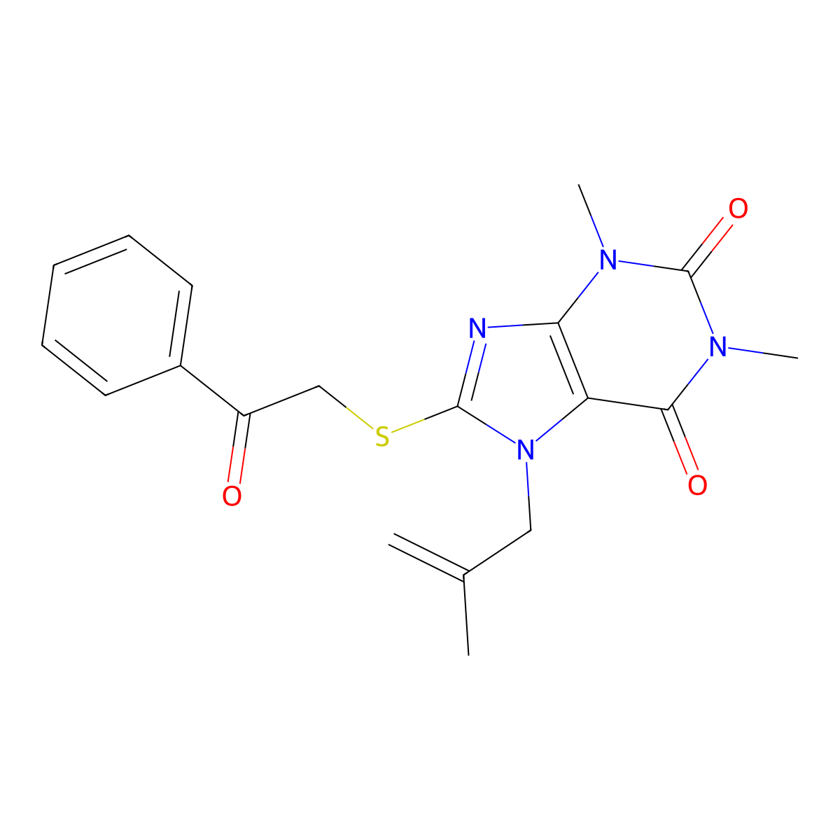1,3-dimethyl-7-(2-methylprop-2-en-1-yl)-8-[(2-oxo-2-phenylethyl)sulfanyl]-2,3,6,7-tetrahydro-1H-purine-2,6-dione molecular structure, CAS 373376-50-2