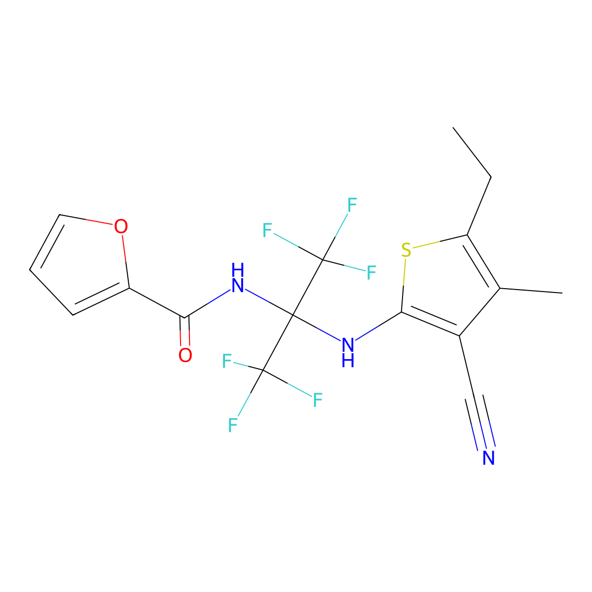 N-[2-[(3-cyano-5-ethyl-4-methylthiophen-2-yl)amino]-1,1,1,3,3,3-hexafluoropropan-2-yl]furan-2-carboxamide molecular structure, CAS 373377-81-2
