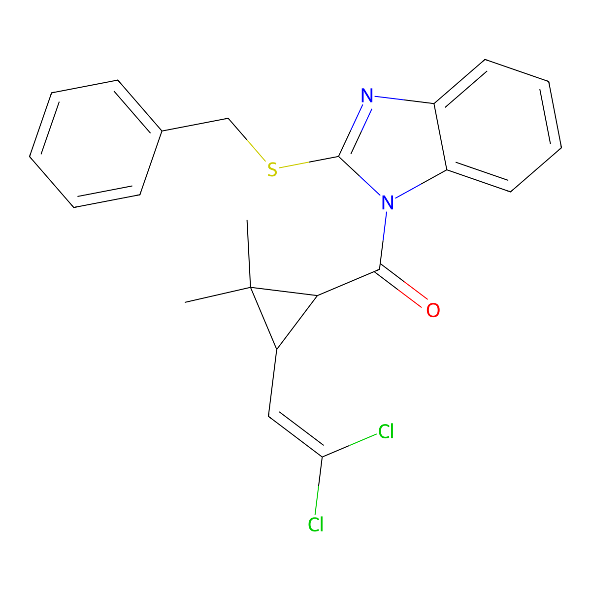 2-(benzylthio)-1-{[3-(2,2-dichlorovinyl)-2,2-dimethylcyclopropyl]carbonyl}-1H-benzimidazole molecular structure, CAS 373377-88-9