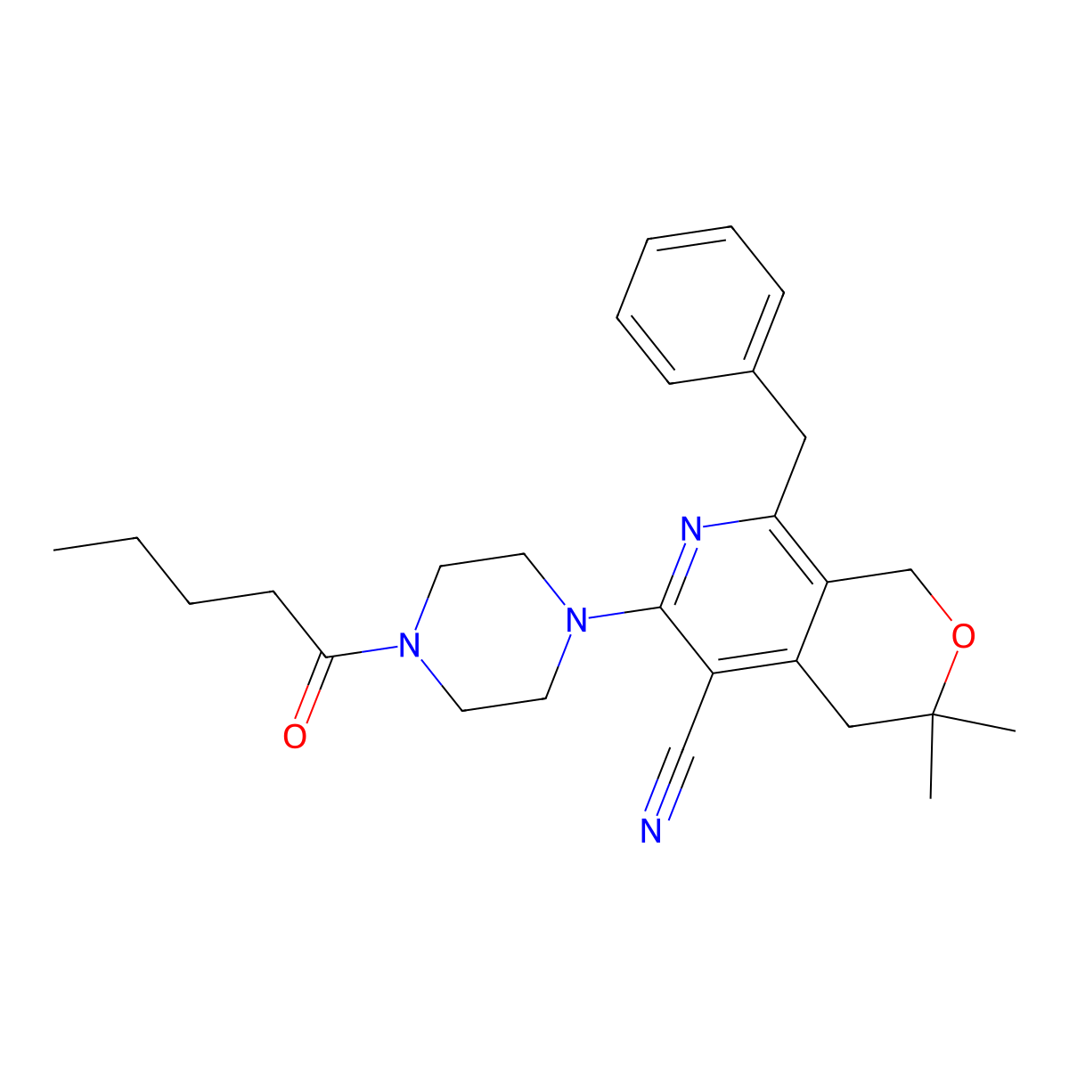 8-Benzyl-3,3-dimethyl-6-(4-pentanoylpiperazin-1-yl)-1,4-dihydropyrano[3,4-c]pyridine-5-carbonitrile molecular structure, CAS 373610-85-6