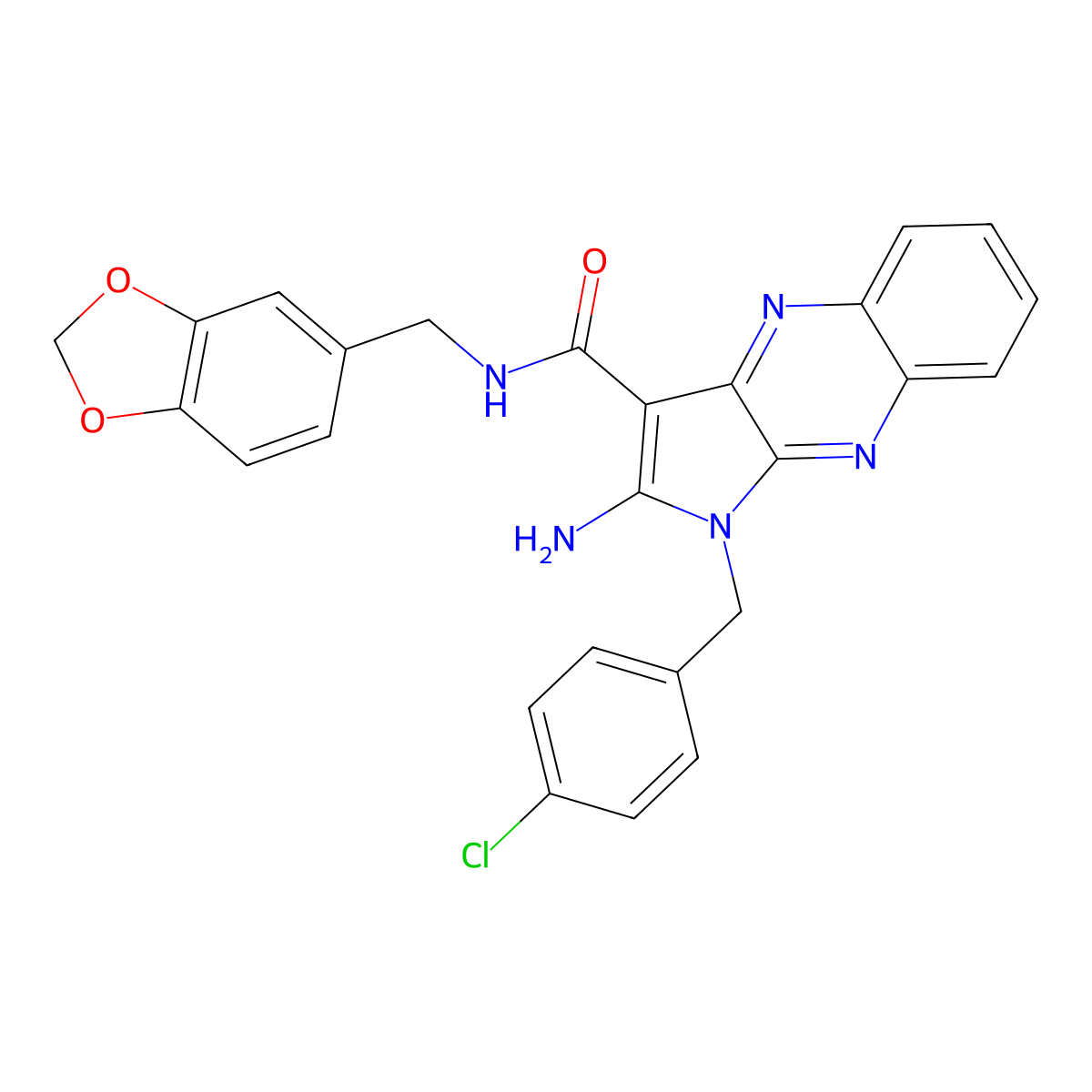 2-amino-N-(1,3-benzodioxol-5-ylmethyl)-1-(4-chlorobenzyl)-1H-pyrrolo[2,3-b]quinoxaline-3-carboxamide molecular structure, CAS 373611-88-2