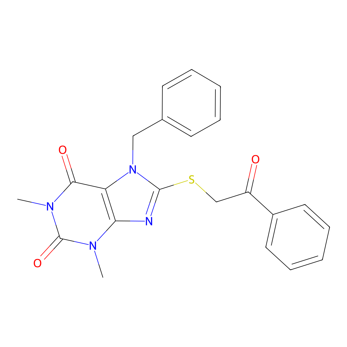 7-benzyl-1,3-dimethyl-8-[(2-oxo-2-phenylethyl)sulfanyl]-2,3,6,7-tetrahydro-1H-purine-2,6-dione molecular structure, CAS 373612-68-1