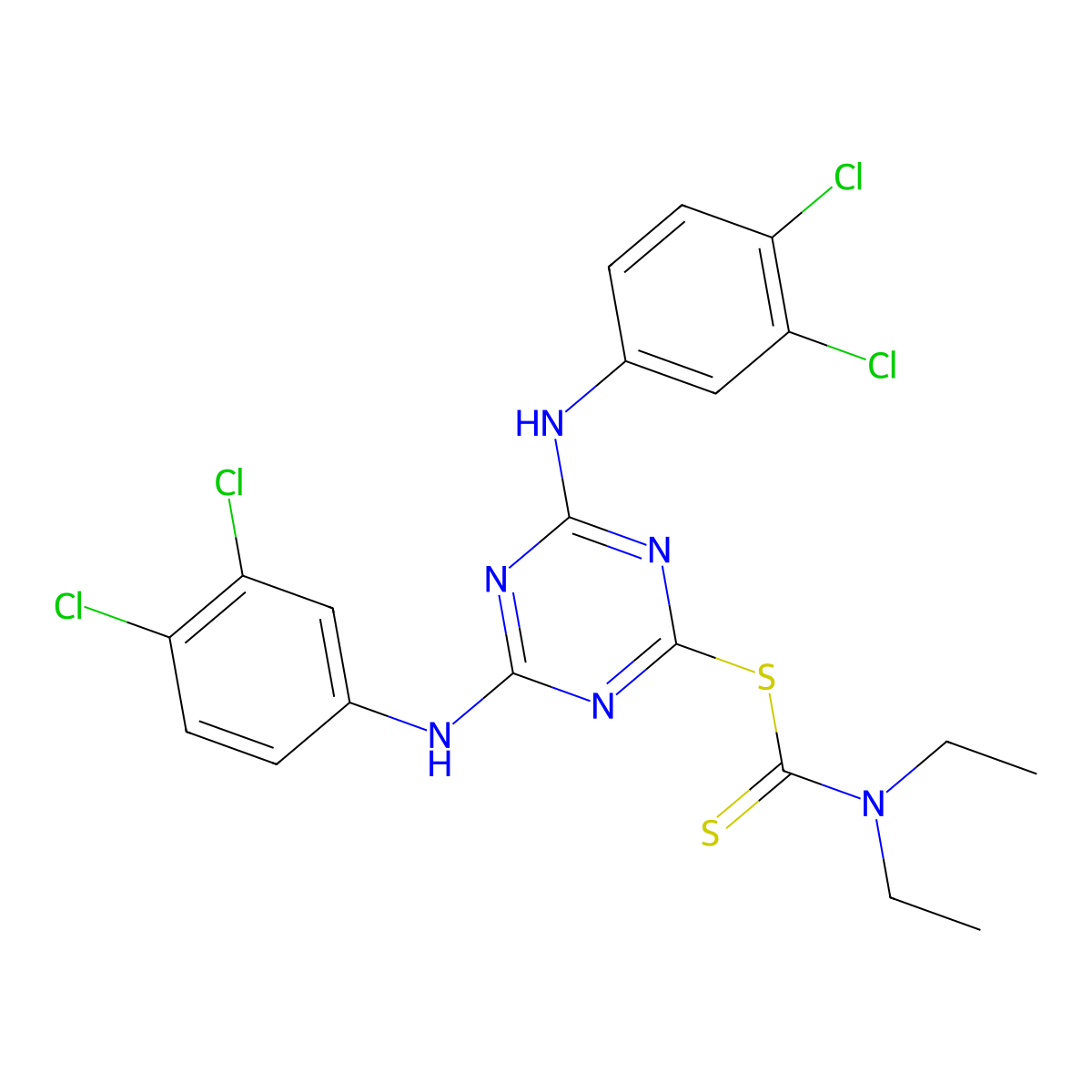 4,6-Bis((3,4-dichlorophenyl)amino)-1,3,5-triazin-2-yl diethyldithiocarbamate molecular structure, CAS 373613-26-4