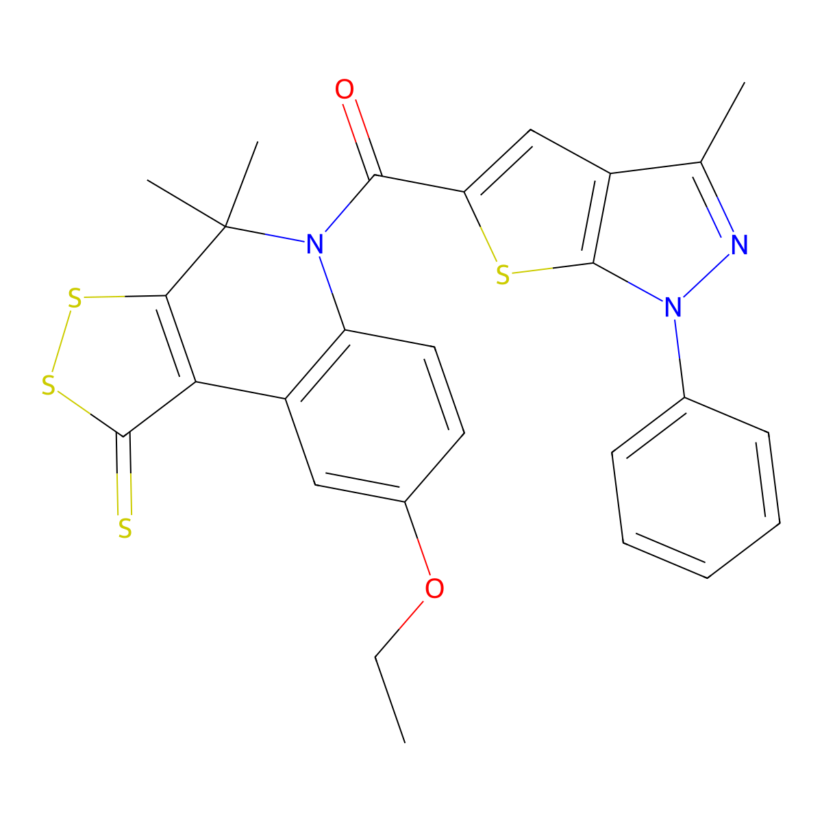 (8-ethoxy-4,4-dimethyl-1-thioxo-1,4-dihydro-5H-[1,2]dithiolo[3,4-c]quinolin-5-yl)(3-methyl-1-phenyl-1H-thieno[2,3-c]pyrazol-5-yl)methanone molecular structure, CAS 373613-55-9