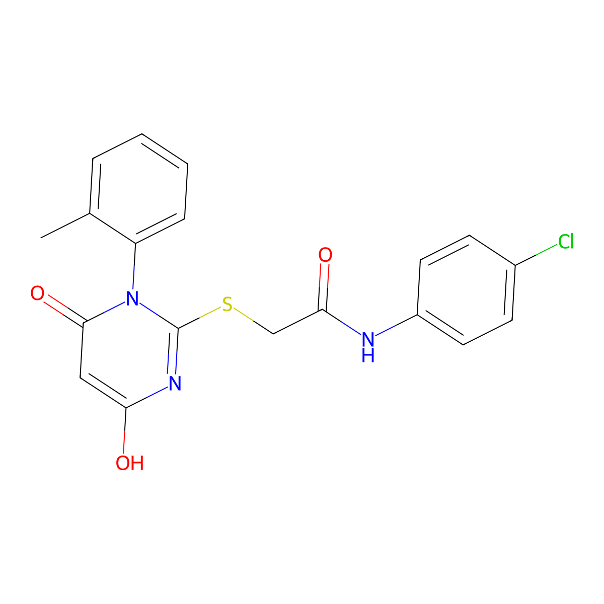 N-(4-chlorophenyl)-2-((4-hydroxy-6-oxo-1-(o-tolyl)-1,6-dihydropyrimidin-2-yl)thio)acetamide molecular structure, CAS 373613-76-4