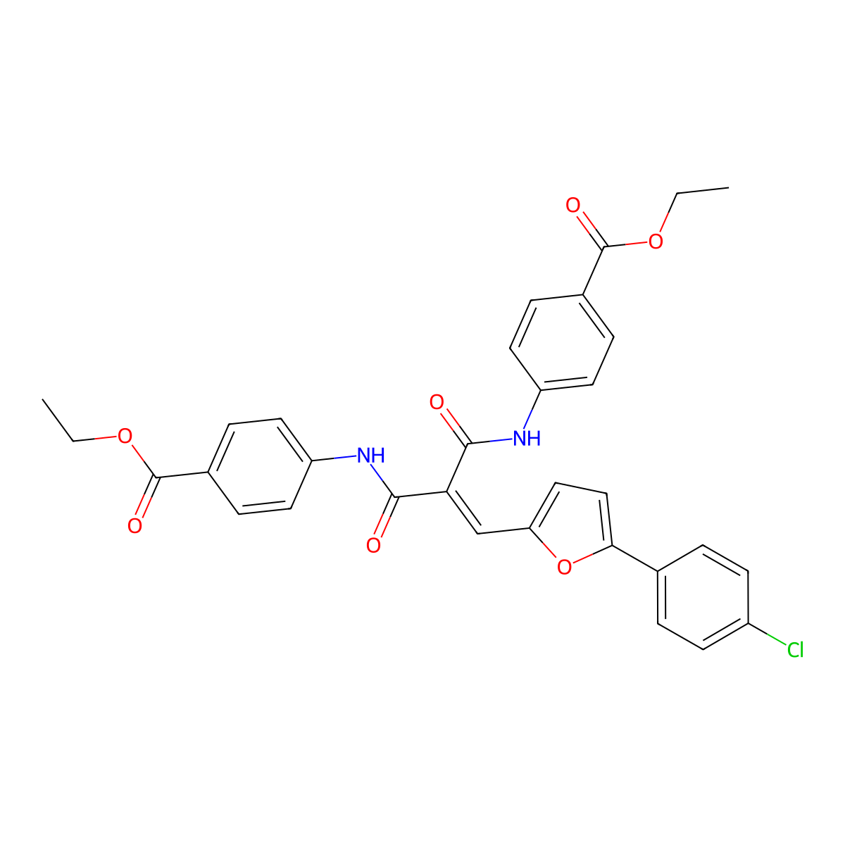 Ethyl 4-[[3-[5-(4-chlorophenyl)furan-2-yl]-2-[(4-ethoxycarbonylphenyl)carbamoyl]prop-2-enoyl]amino]benzoate molecular structure, CAS 373613-93-5