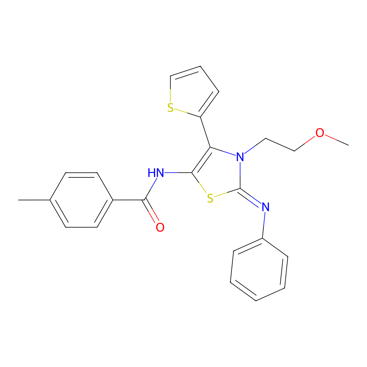 N-[(2E)-3-(2-methoxyethyl)-2-(phenylimino)-4-(thiophen-2-yl)-2,3-dihydro-1,3-thiazol-5-yl]-4-methylbenzamide molecular structure, CAS 373614-44-9