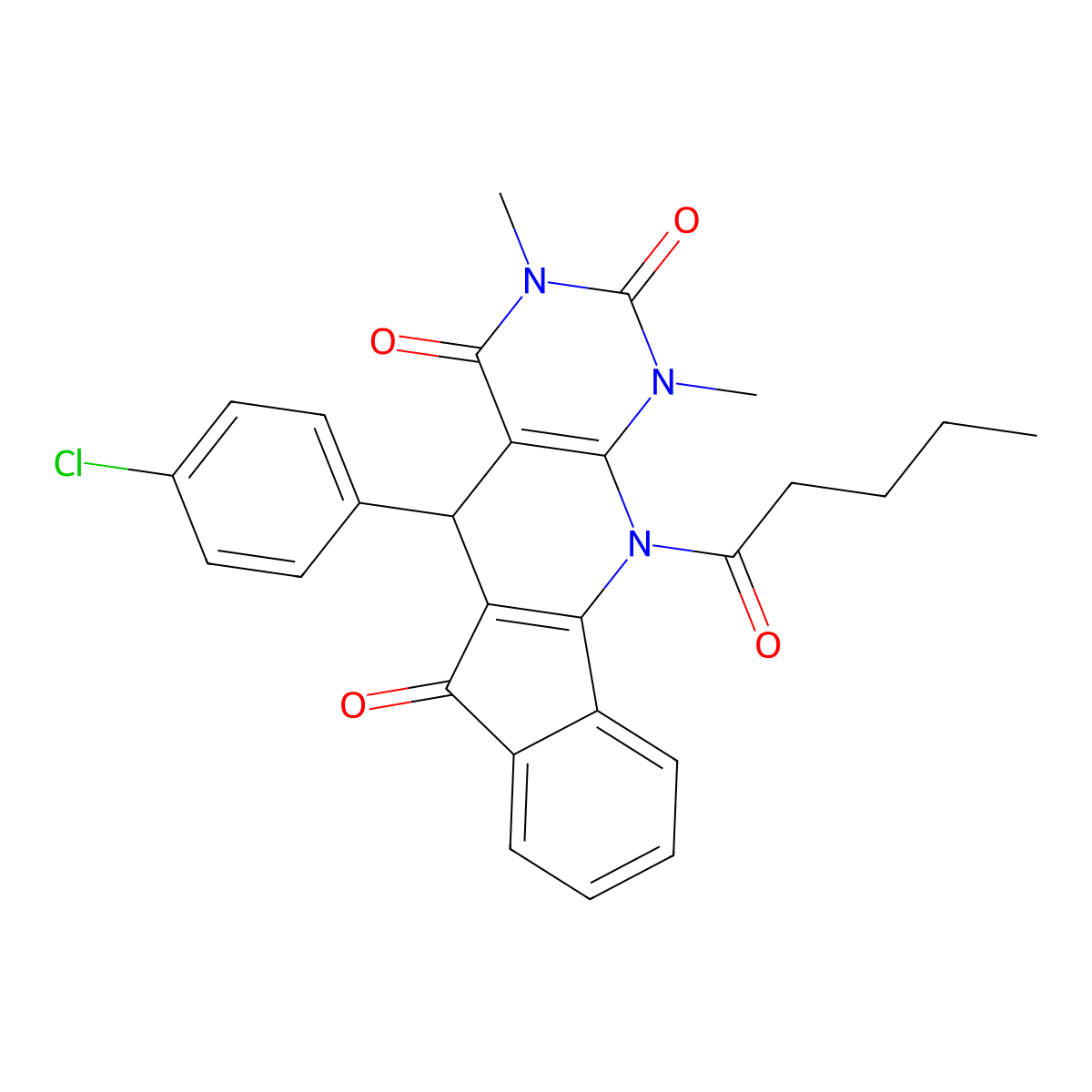 5-(4-chlorophenyl)-1,3-dimethyl-11-pentanoyl-5,11-dihydro-1H-indeno[2',1':5,6]pyrido[2,3-d]pyrimidine-2,4,6(3H)-trione molecular structure, CAS 373614-47-2