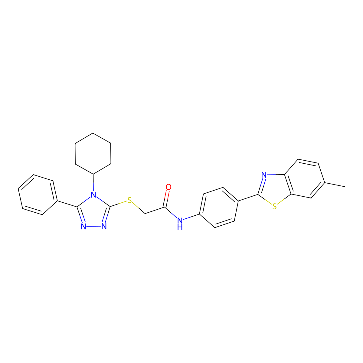 2-[(4-cyclohexyl-5-phenyl-4H-1,2,4-triazol-3-yl)sulfanyl]-N-[4-(6-methyl-1,3-benzothiazol-2-yl)phenyl]acetamide molecular structure, CAS 373616-47-8