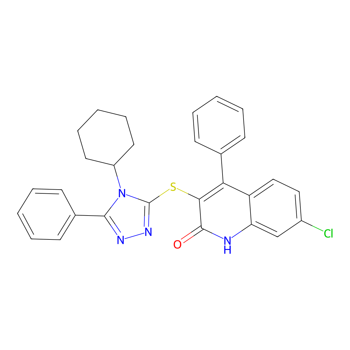 7-chloro-3-[(4-cyclohexyl-5-phenyl-4H-1,2,4-triazol-3-yl)sulfanyl]-4-phenylquinolin-2-ol molecular structure, CAS 373618-73-6