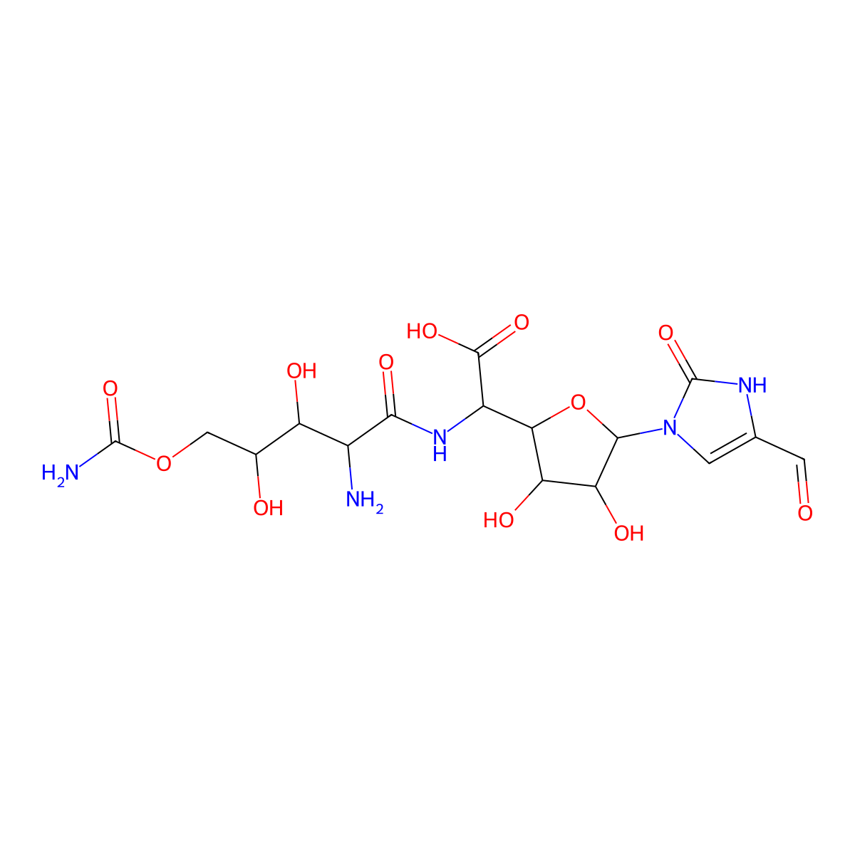 Allofuranuronic acid, 5-((2-amino-5-O-(aminocarbonyl)-2-deoxy-L-xylonamino)-1,5-dideoxy-1-(4-formyl-2,3-dihydro-2-oxo-1H-imidazol-1-yl)-, beta-D- molecular structure, CAS 37362-29-1