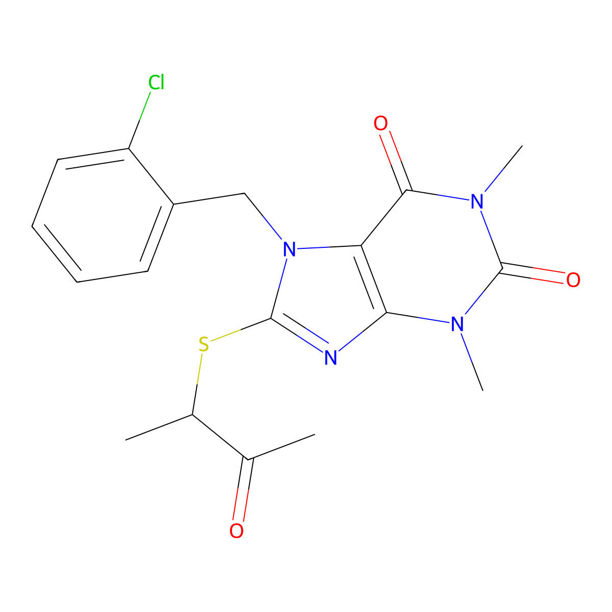 7-[(2-Chlorophenyl)methyl]-1,3-dimethyl-8-(3-oxobutan-2-ylsulfanyl)purine-2,6-dione molecular structure, CAS 373620-09-8