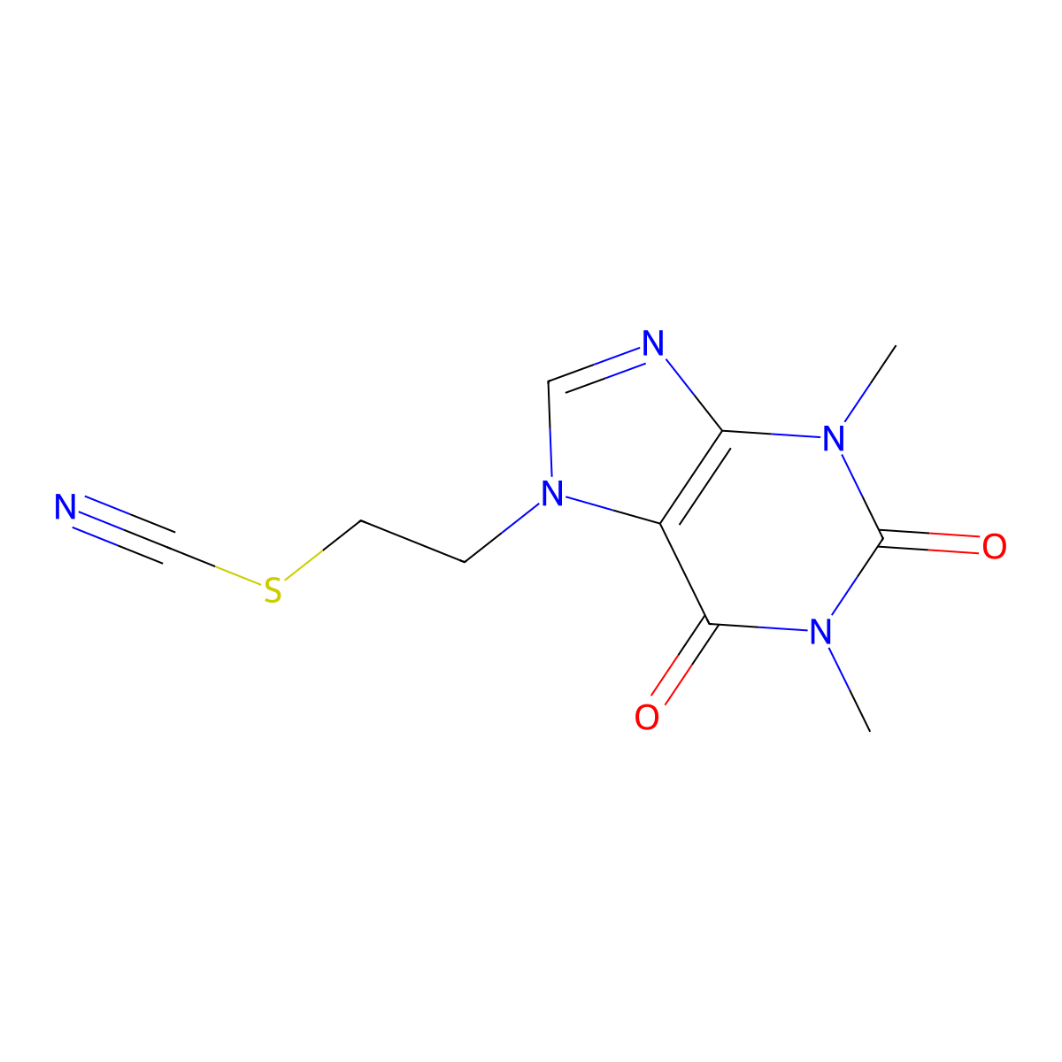 Thiocyanic acid, 2-(1,2,3,6-tetrahydro-1,3-dimethyl-2,6-dioxopurin-7-yl)ethyl ester molecular structure, CAS 3737-44-8