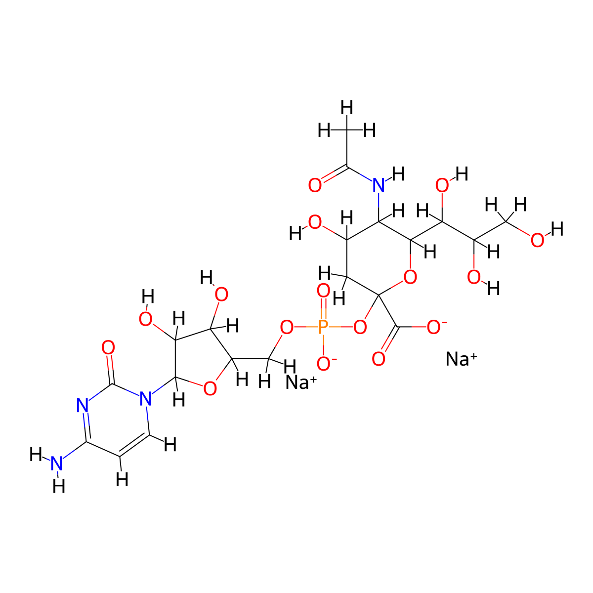 Disodium;5-acetamido-2-[[5-(4-amino-2-oxopyrimidin-1-yl)-3,4-dihydroxyoxolan-2-yl]methoxy-oxidophosphoryl]oxy-4-hydroxy-6-(1,2,3-trihydroxypropyl)oxane-2-carboxylate molecular structure, CAS 37399-47-6