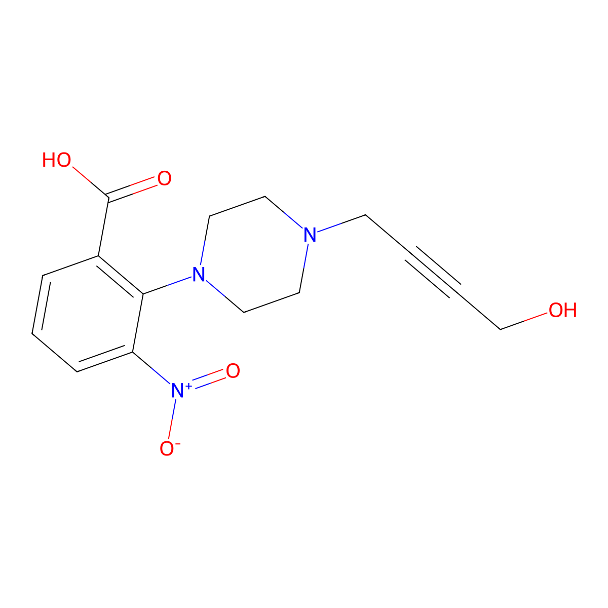 2-[4-(4-Hydroxybut-2-yn-1-yl)piperazin-1-yl]-3-nitrobenzoic acid molecular structure, CAS 374063-97-5