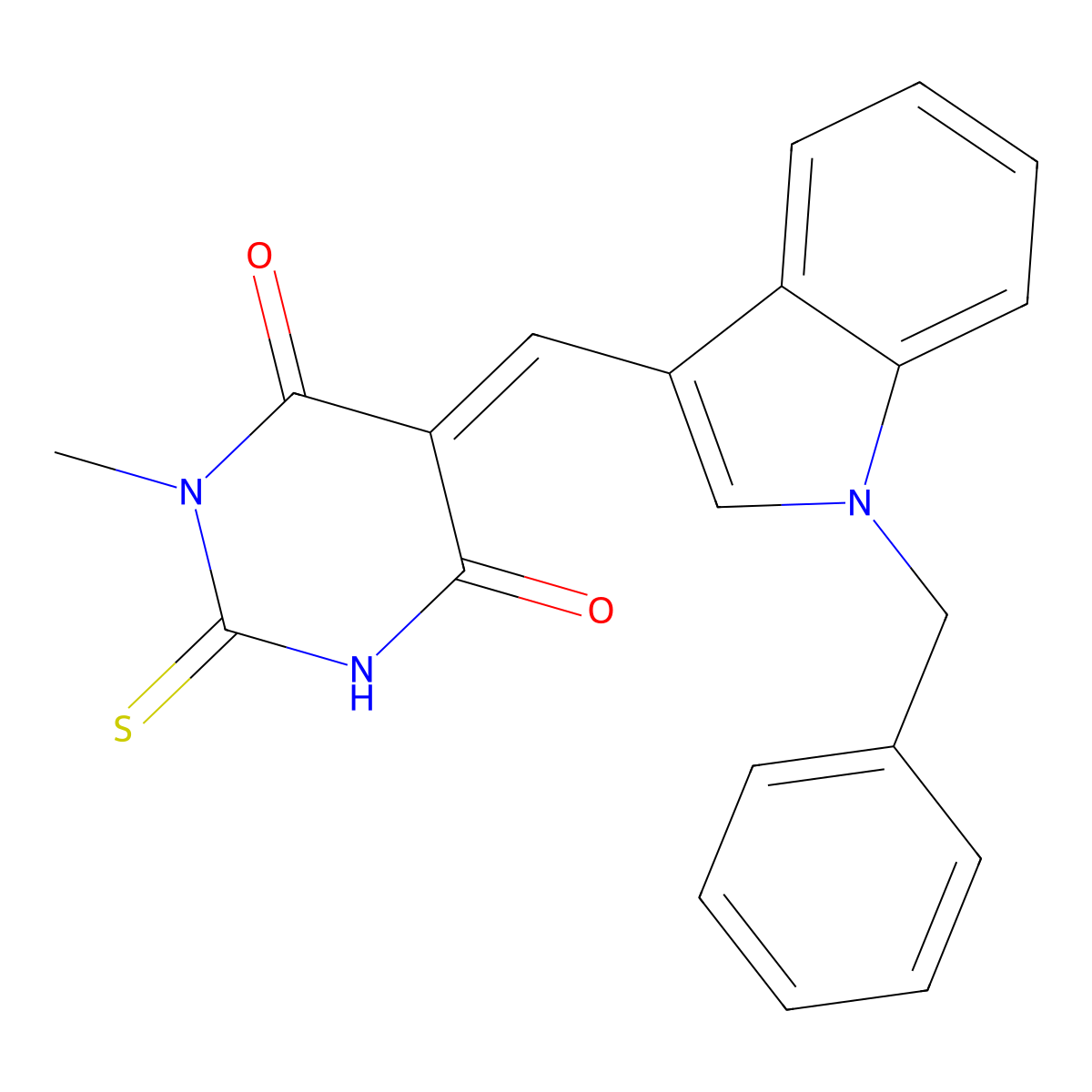 Dihydro-1-methyl-5-[[1-(phenylmethyl)-1H-indol-3-yl]methylene]-2-thioxo-4,6(1H,5H)-pyrimidinedione molecular structure, CAS 374082-57-2