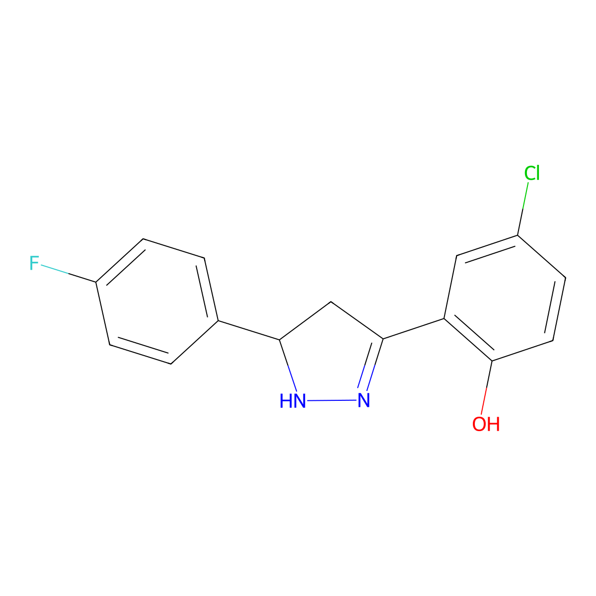 4-chloro-2-(5-(4-fluorophenyl)-4,5-dihydro-1H-pyrazol-3-yl)phenol molecular structure, CAS 374083-23-5
