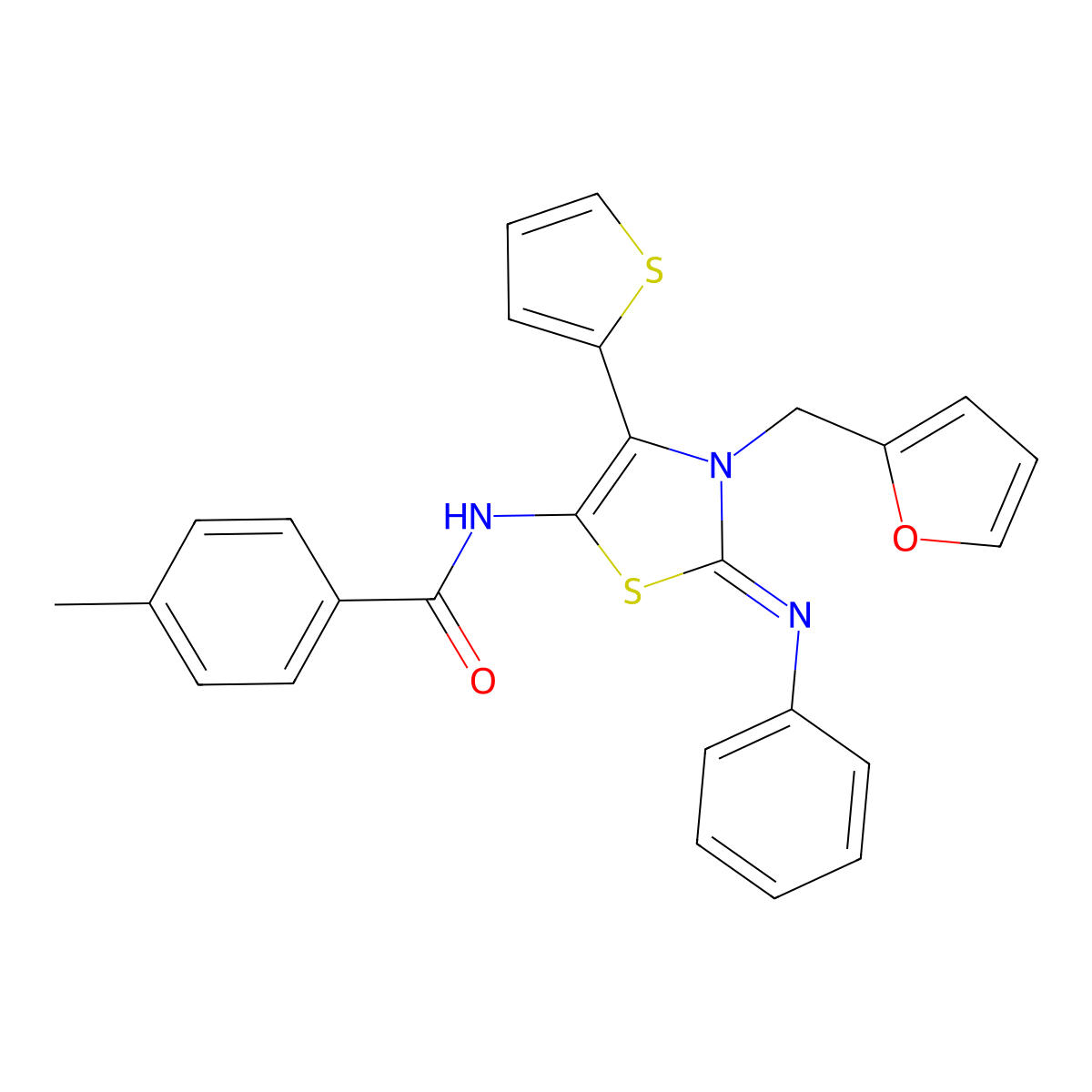 N-[(2Z)-3-(furan-2-ylmethyl)-2-(phenylimino)-4-(thiophen-2-yl)-2,3-dihydro-1,3-thiazol-5-yl]-4-methylbenzamide molecular structure, CAS 374083-31-5