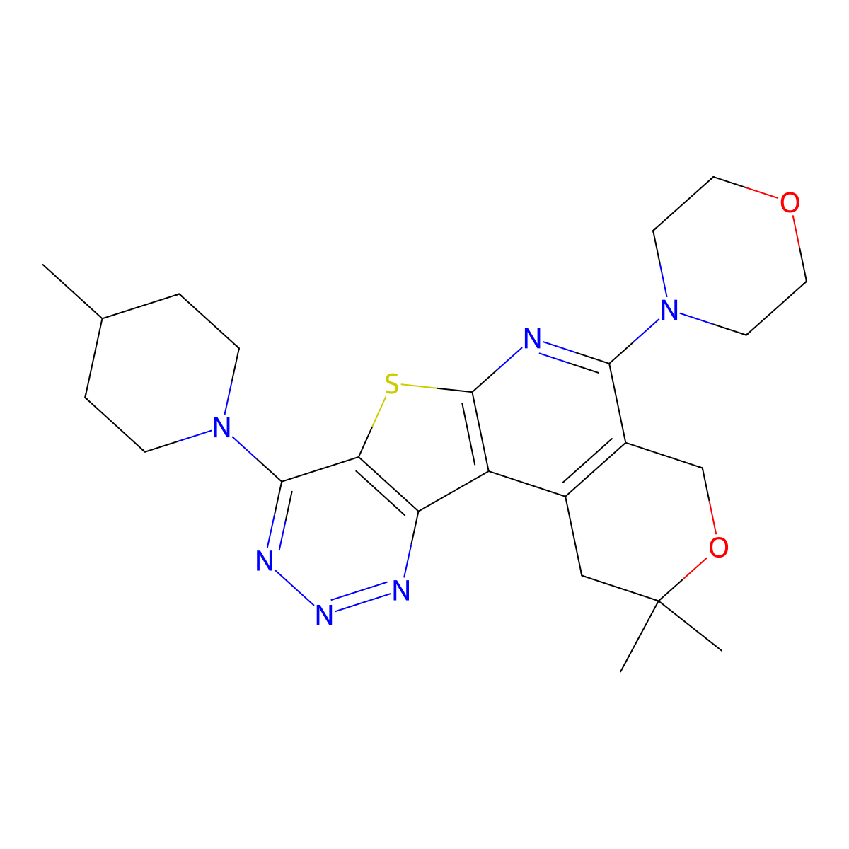 2,2-dimethyl-8-(4-methylpiperidin-1-yl)-5-morpholino-2,4-dihydro-1H-pyrano[4'',3'':4',5']pyrido[3',2':4,5]thieno[3,2-d][1,2,3]triazine molecular structure, CAS 374083-69-9