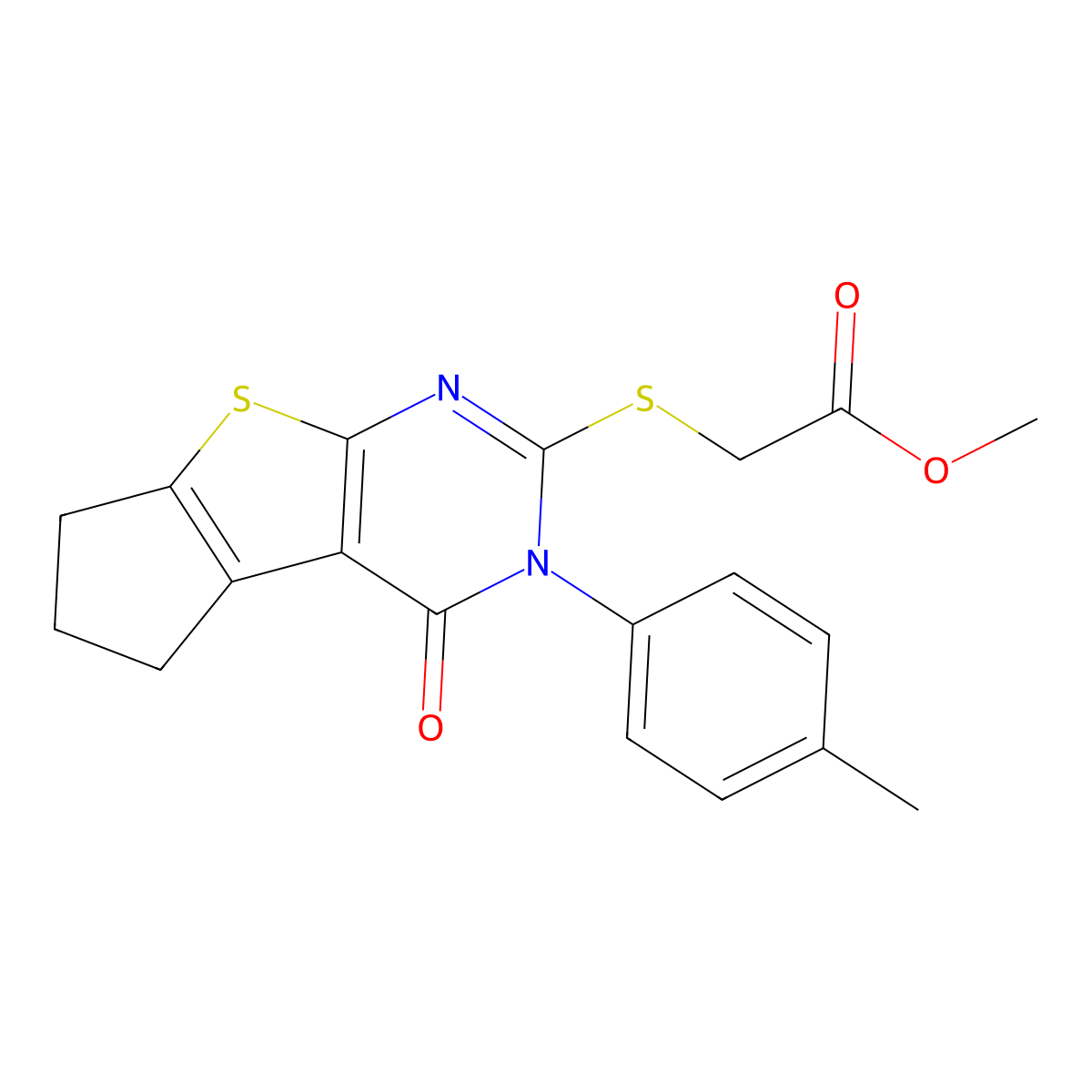 methyl {[3-(4-methylphenyl)-4-oxo-3,5,6,7-tetrahydro-4H-cyclopenta[4,5]thieno[2,3-d]pyrimidin-2-yl]sulfanyl}acetate molecular structure, CAS 374083-74-6
